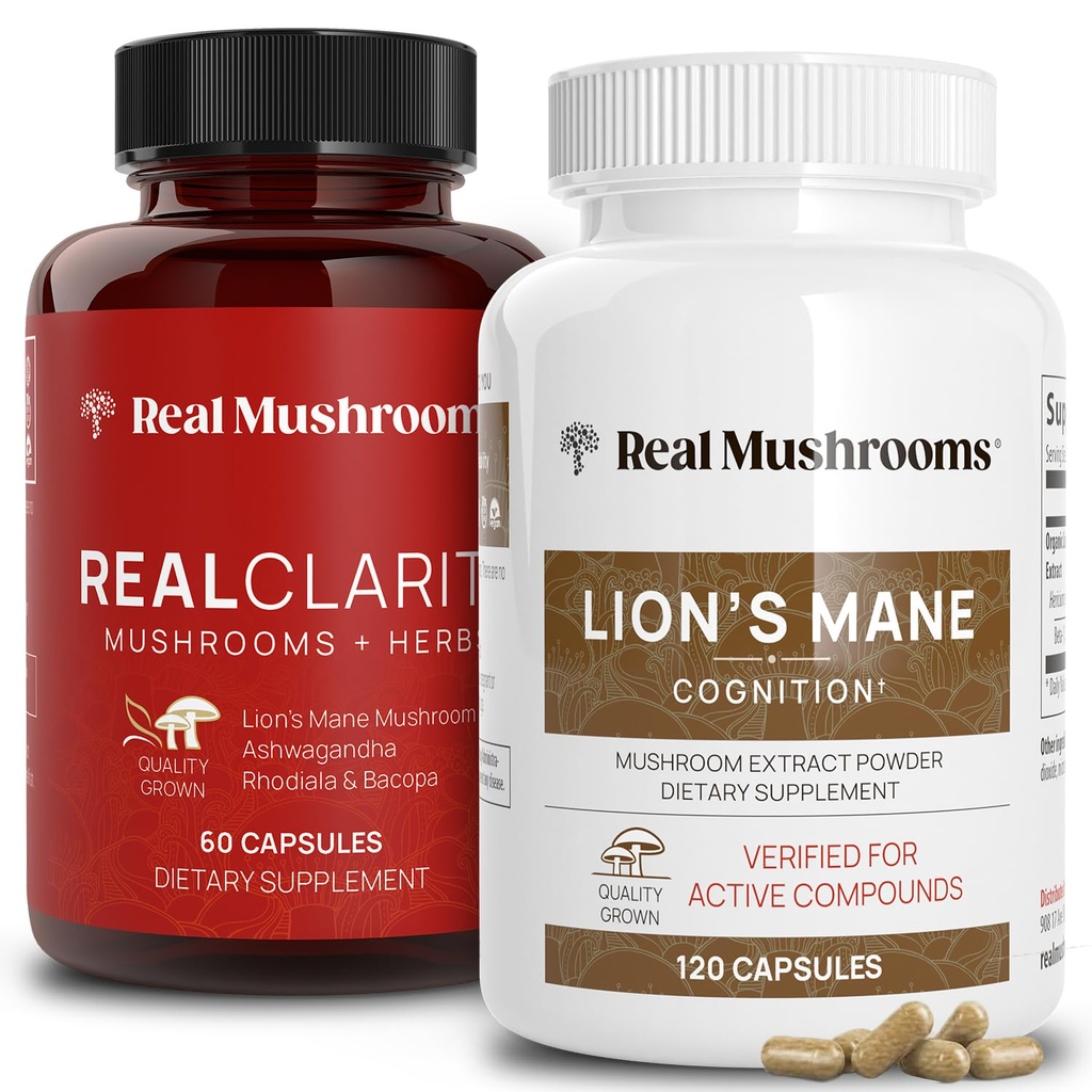 Real Mushrooms RealClarity (60ct) and Lions Mane (120ct) Capsules Bundle - Mushroom Supplement for Brain Health, Mental Clarity, Focus, Cognition & Immune Support - Brain Vitamins w/Ashwagandha