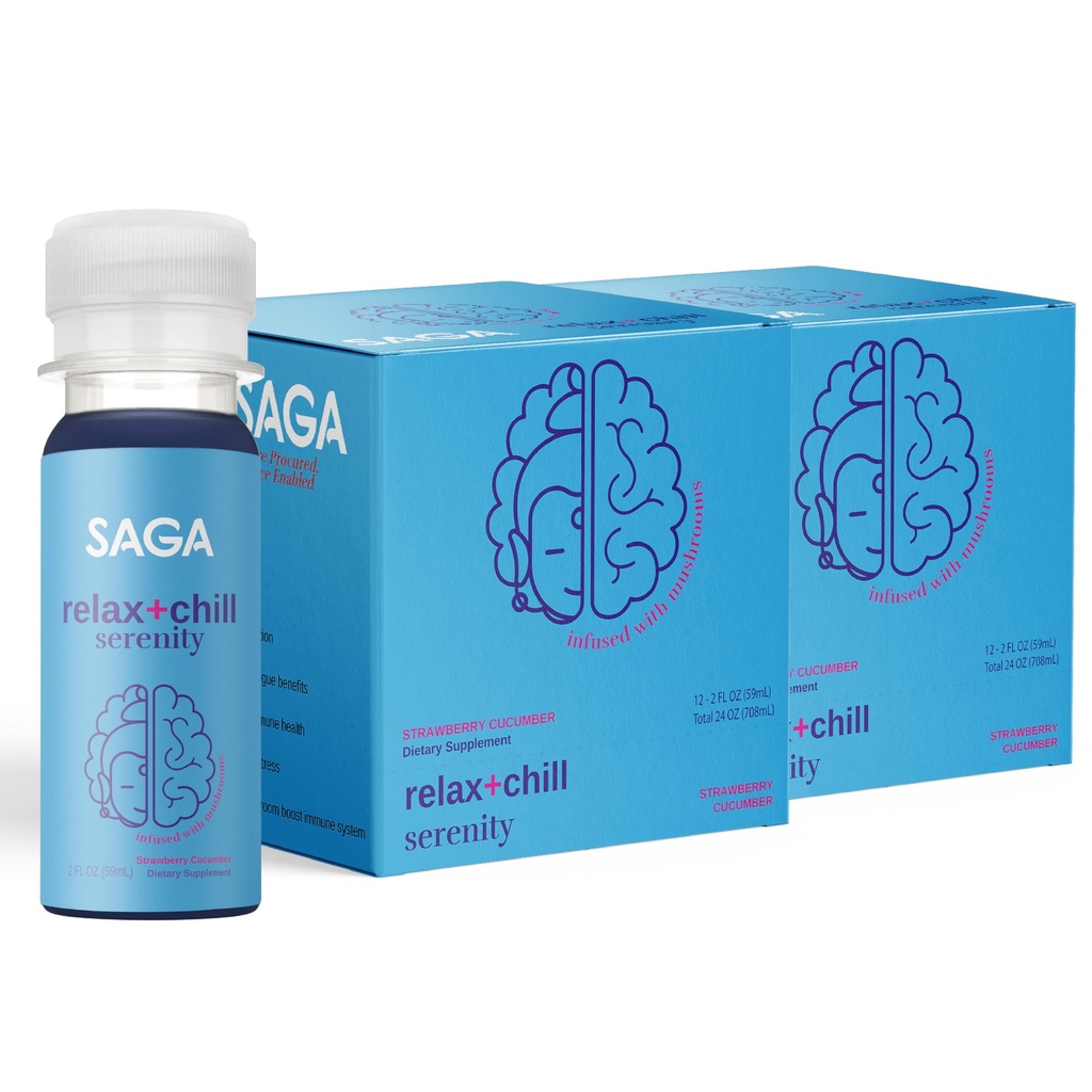 SAGA Serenity Organic Relaxation Shots with Kava, Lion’s Mane & Reishi | Fast-Acting Mushroom & Adaptogen Drink for Calm, Stress Relief & Mood Support | Vegan, Travel Size | 2oz Strawberry Cucumber