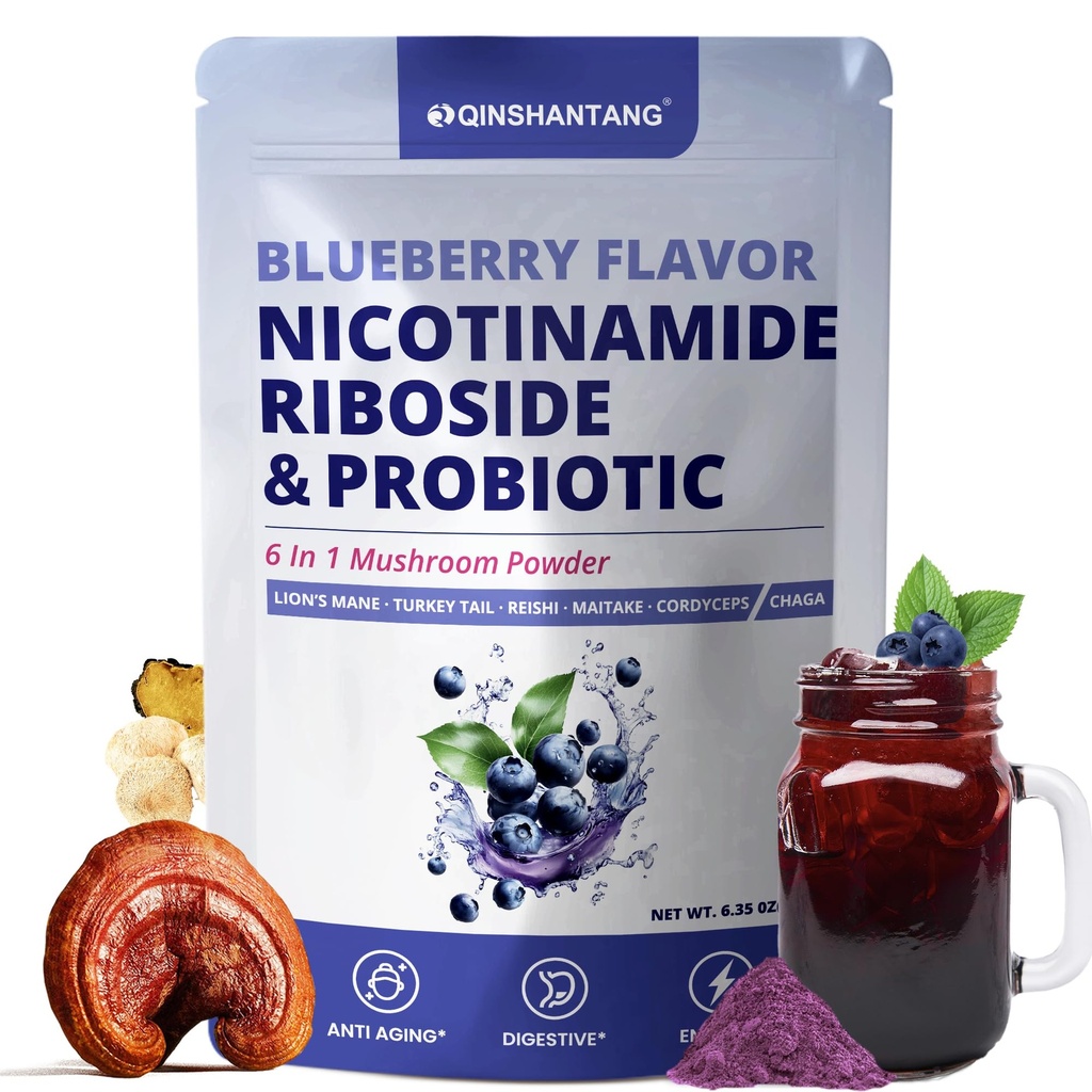 Blueberry Superfood Powder, Nicotinamide Riboside & Probiotics for Immune Support, Gut Health, 6 Mushrooms | Lion's Mane, Chaga, Reishi Extract | Vegan, Non-GMO, Gluten-Free, 6.35oz