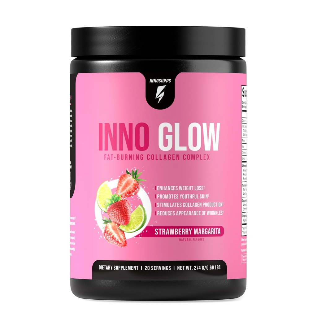 InnoGlow Multi Collagen Peptides Powder for Weight Loss - Thermogenic Fat Burner and Anti Aging Collagen Powder for Women - Hair, Skin, Nails, Joint Support - 20 Servings (Strawberry Margarita)