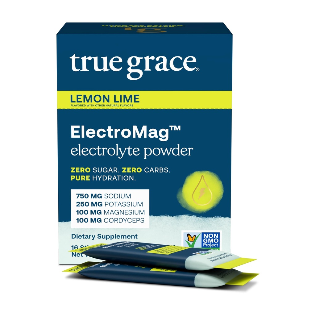 True Grace ElectroMag - 16 Stick Packs - Lemon Lime - Electrolyte Powder for Rapid Hydration - Sodium, Potassium, Magnesium & Cordyceps - Zero Sugar & Carbs - Non-GMO - 16 Total Servings