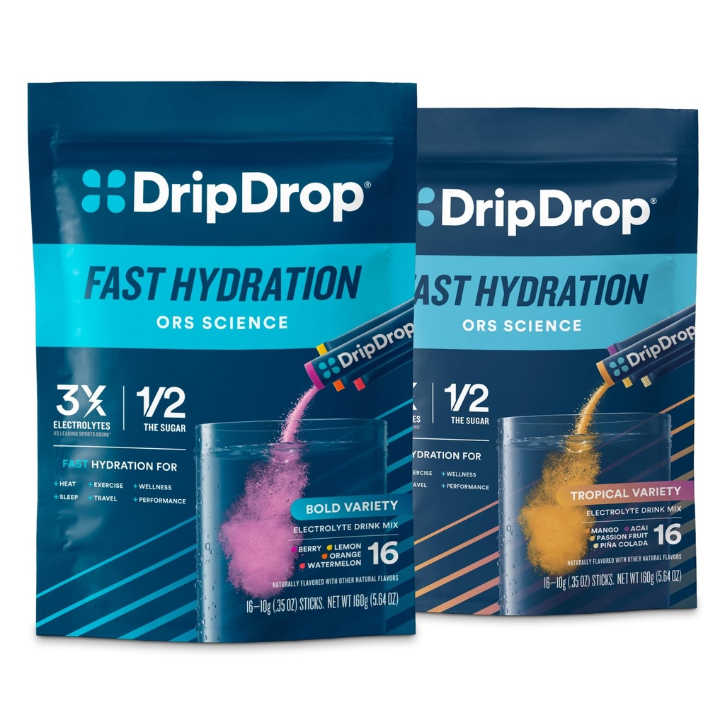DripDrop Hydration - Electrolyte Powder Packets - Piña Colada, Mango, Açaí, Passion Fruit, Watermelon, Berry, Lemon, Orange - 32 Count