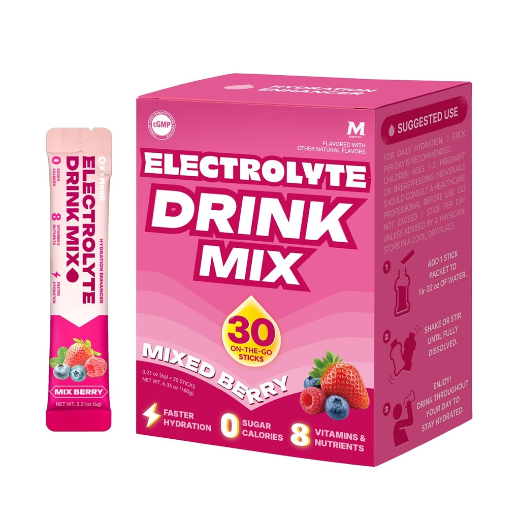 High Sodium Sugar Free Electrolyte Powder Packets, 30 Stick Pack — Hydration Drink Mix with Potassium & Magnesium, Zero Calorie Keto Friendly Hydration Powder, Berry Mix Flavors