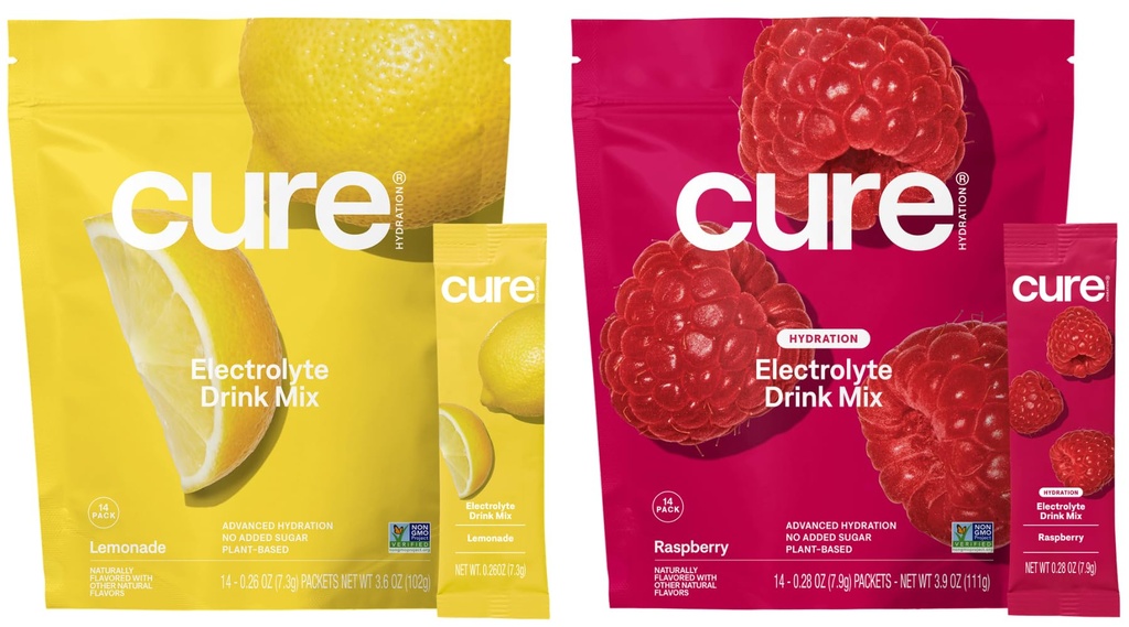 Cure Hydration Bundle | Plant-Based Electrolyte Drink Mix | No Added Sugar | Dehydration Relief Powder Made with Coconut Water | Vegan | 28 Packets - Lemonade & Raspberry