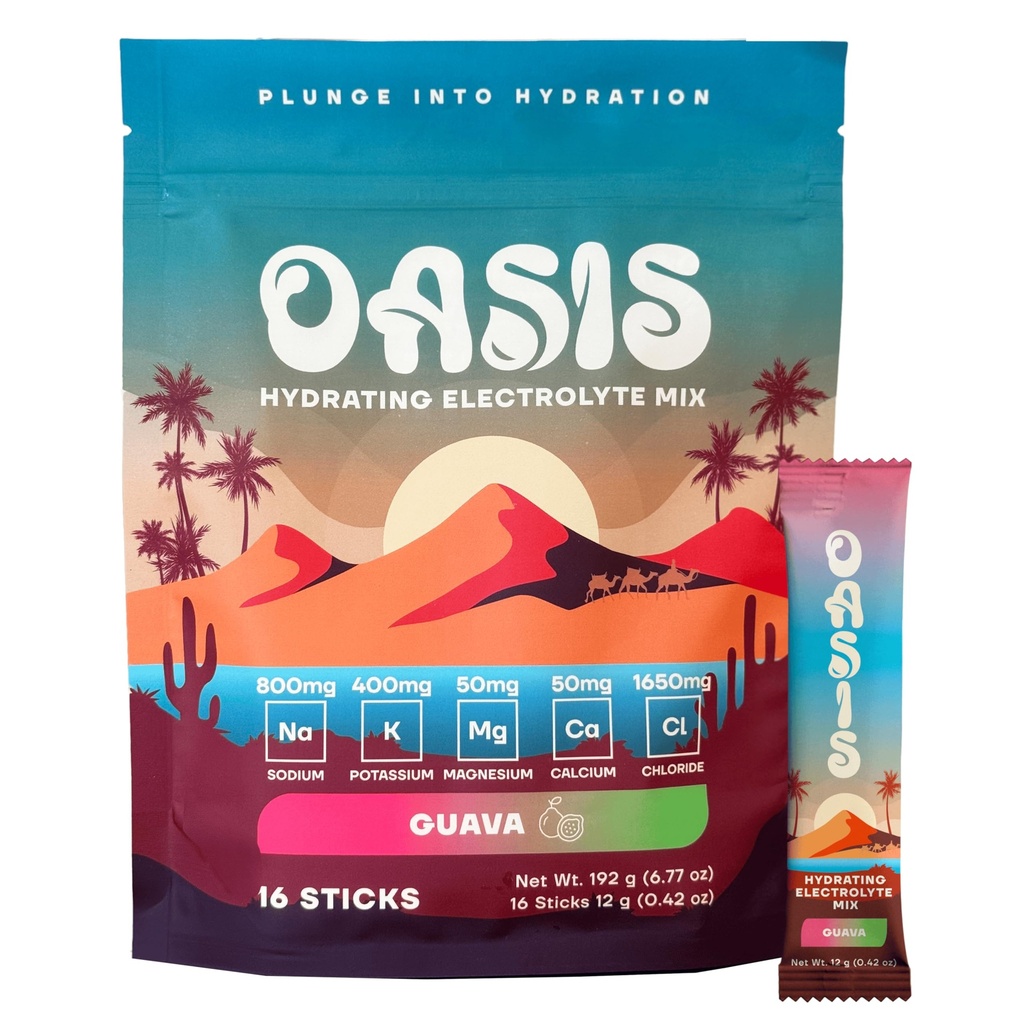 Oasis Electrolyte Powder - Sugar Free, Zero Calorie, Natural Flavor Hydration Packets for Workout or Going Out | ORS Hydration Powder Solution with 5 Electrolytes, Vitamin C | Guava (16 Sticks)