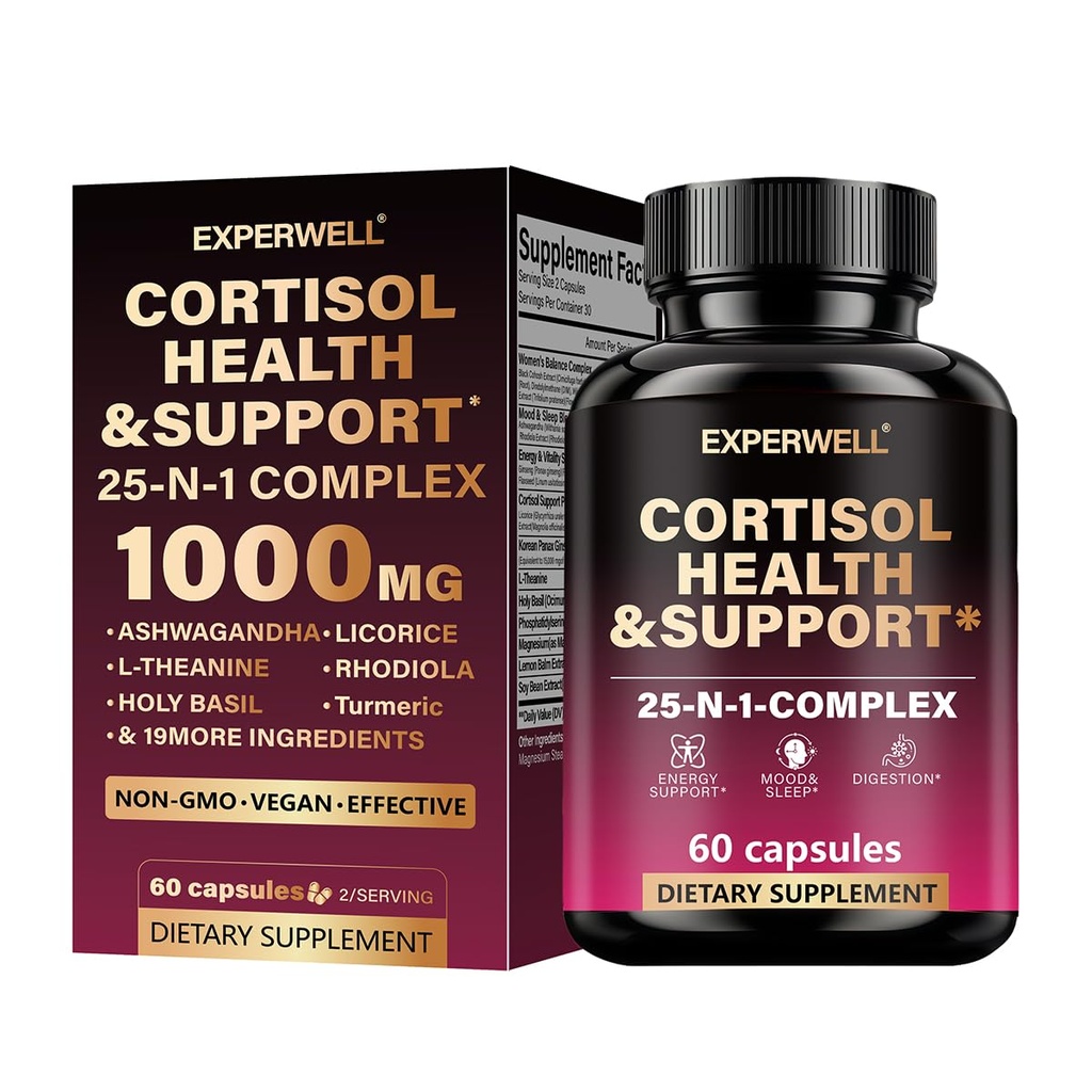 Cortisol Health & Support – 25-in-1 Multi-Ingredient Complex with Ashwagandha, L-Theanine, Rhodiola & Magnesium – Daily Balance, Mood & Energy Support – 60 Capsules
