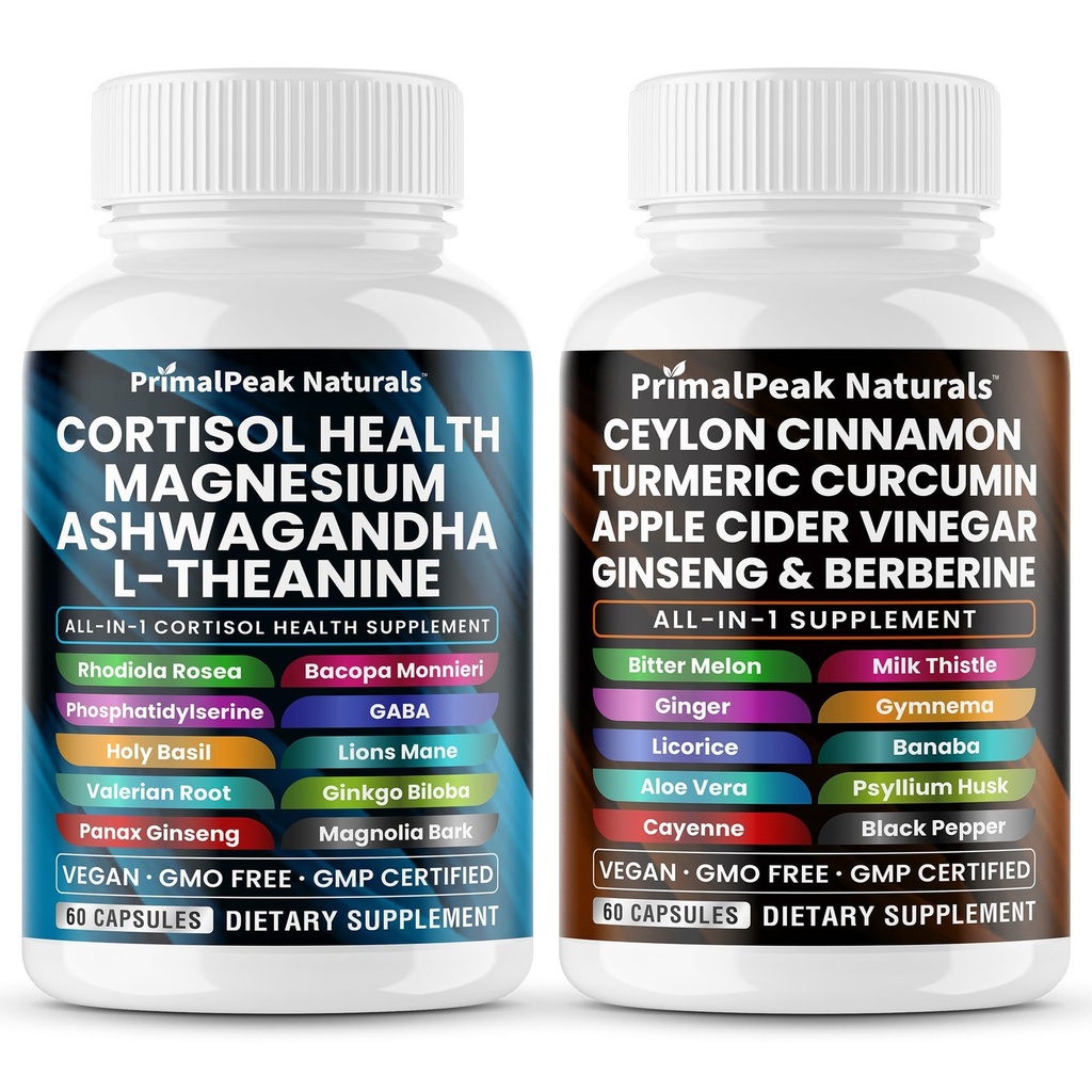 Cortisol Supplements for Women and Men with Magnesium, Ashwagandha, Rhodiola Rosea, L-Theanine & Ceylon Cinnamon Apple Cider Vinegar Turmeric Curcumin Panax Ginseng Berberine Vegan Capsules