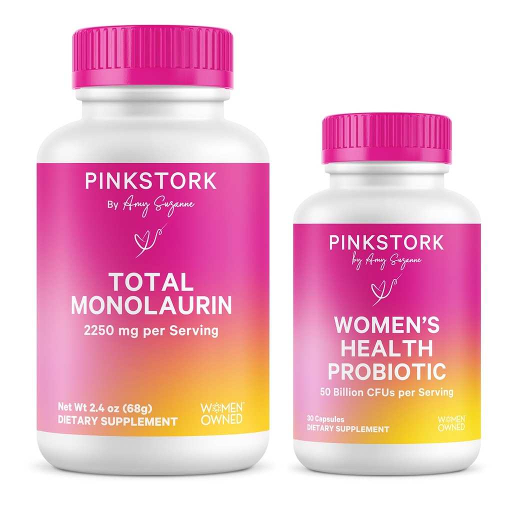 Pink Stork Total Monolaurin with Women's Health Probiotic for Gut Health, Digestion, Metabolism Support
