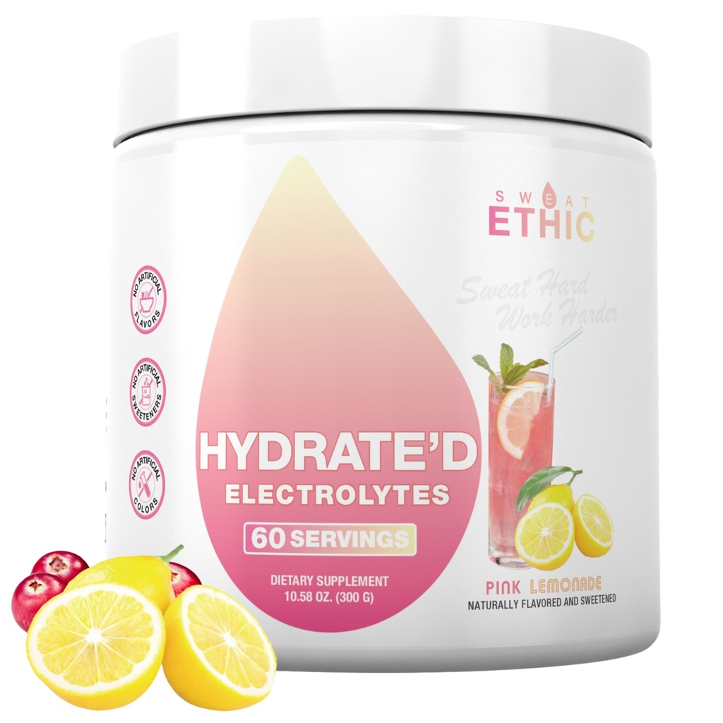 Sweat Ethic Hydrate’D Electrolytes, Electrolyte Powder with Potassium, Magnesium & Vitamin C, Easy Mix Powder for Hydration & Performance Support, Pink Lemonade Flavor, 60 Servings