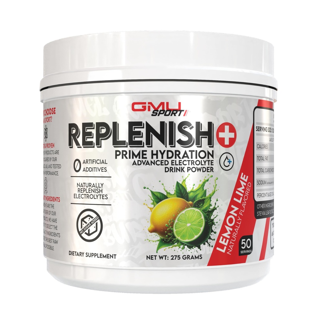 GMU SPORT Replenish+ Electrolyte Powder – 50 Servings, Sugar Free Hydration Mix, 500mg Sodium, 400mg Potassium, 100mg Magnesium, Zero Calorie, Keto Hydration Drink, Lemon Lime