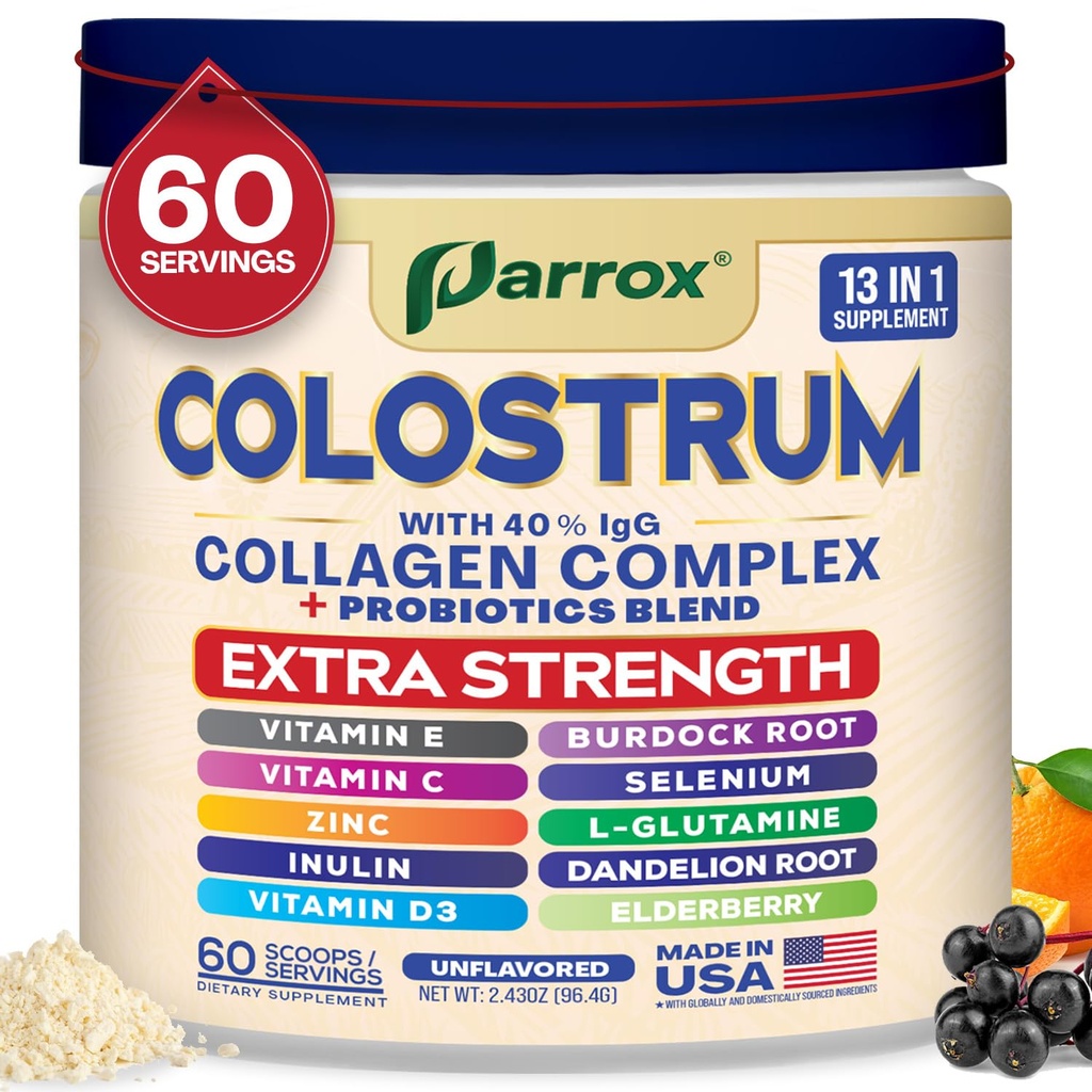 Colostrum Powder with 40% IgG, Collagen, Probiotics, Burdock Root, L-Glutamine, Elderberry, Vitamin C, Vitamin E, Vitamin D3, Inulin, Selenium, Dandelion Root, Zinc, 60 Servings (Unflavored)