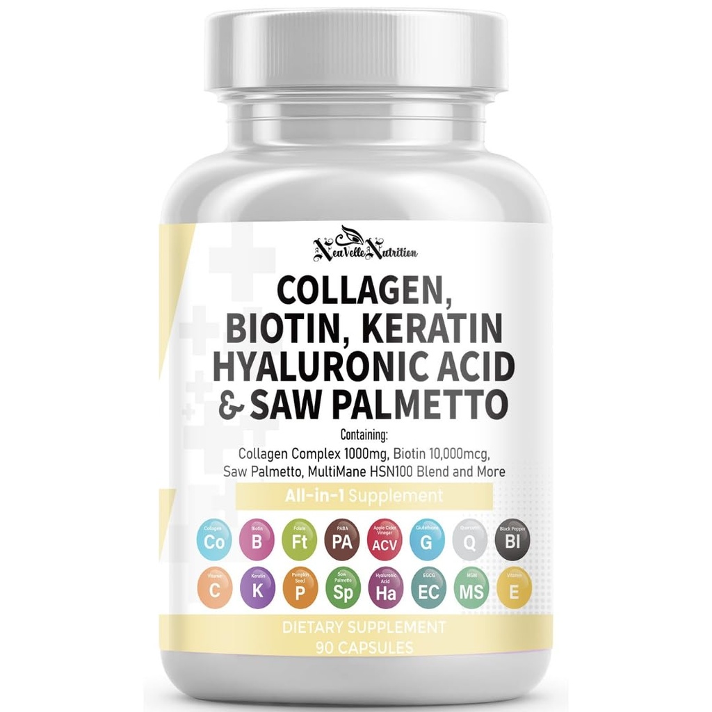 16 in 1 Collagen Supplement - Peptides Types I,II,III & V with Biotin, Keratin, Hyaluronic Acid, Saw Palmetto, Vitamins C & E, Apple Cider Vinegar & PABA - Nail Skin & Hair Health Support Capsules