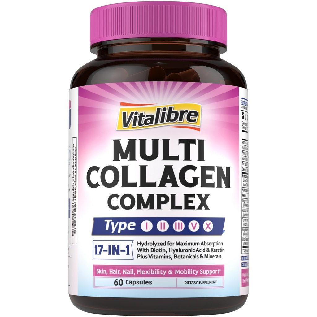 Vitalibre Collagen Peptides Capsules for Women & Men, Type I, II, III, V, X, Biotin, Hyaluronic Acid & Keratin, Vitamin C, Niacinamide, Turmeric & Ginger, Skin, Hair, Nail, Flexibility, 60 Count