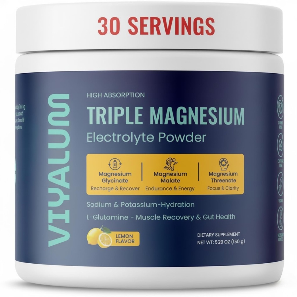 Triple Magnesium Electrolyte Powder | Magnesium Glycinate, Malate & Threonate | 250 mg High Absorption | Sodium & Potassium Hydration Mix with L-Glutamine | Zero Sugar | 30 Servings | Lemon