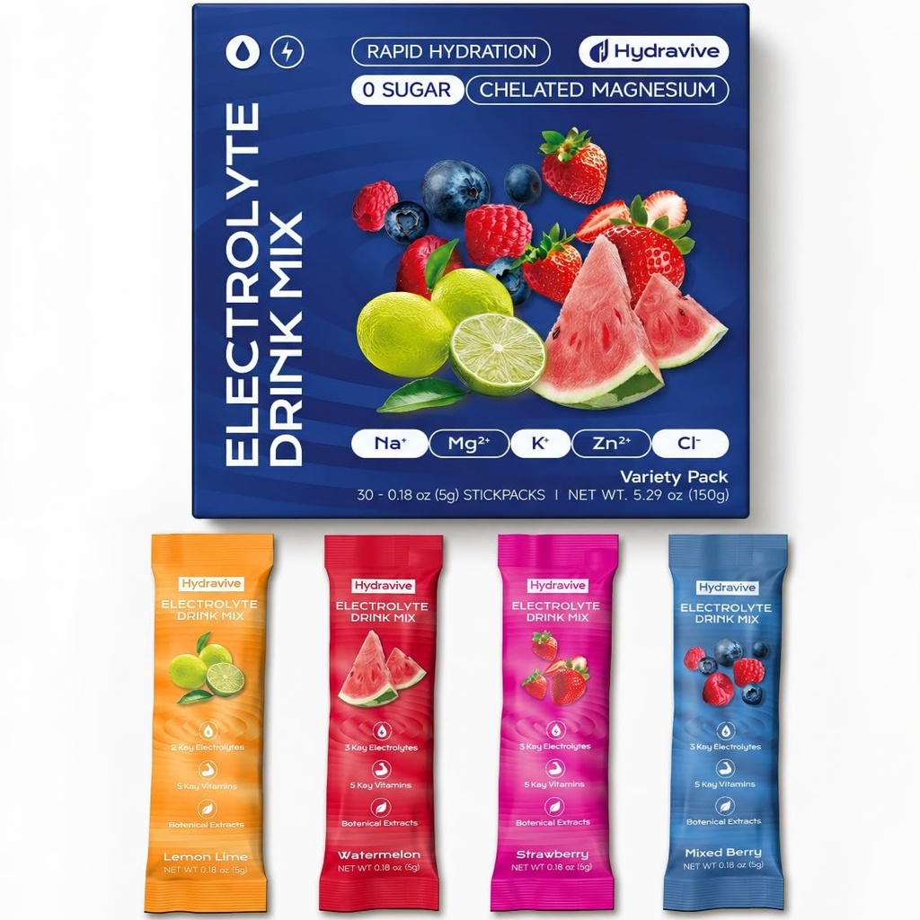 Hydration Electrolyte Powder 30 Packs – Sugar Free Liquid Daily IV Drink Mix | 1,000mg Total of 5 Electrolytes, 5 Vitamins | Ashwagandha, L-Theanine | Non-GMO (Berry) (30, Variety)