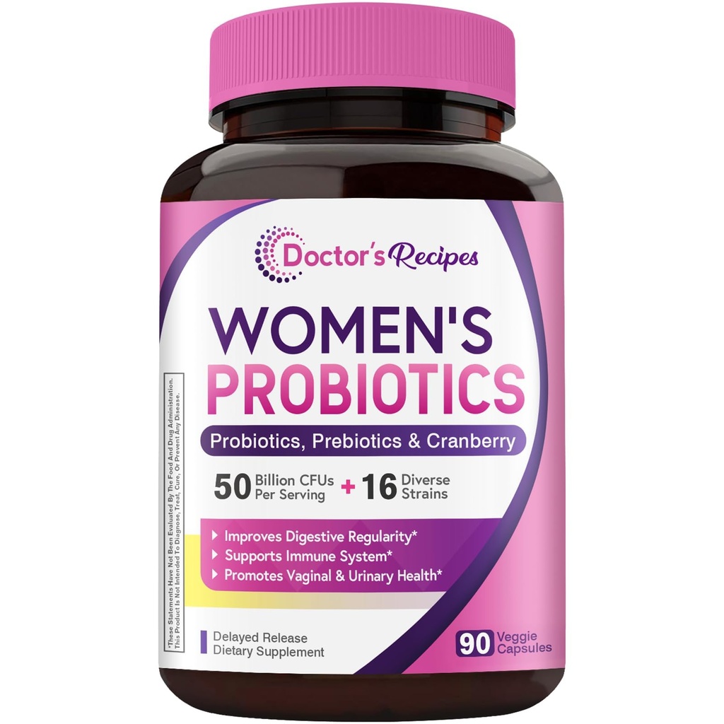 Doctor's Recipes Women's Probiotic, 90 Caps 50 Billion CFU 16 Strains, with Organic Cranberry, Digestive Immune Vaginal & Urinary Health, Shelf Stable, Delayed Release, No Soy Gluten Dairy