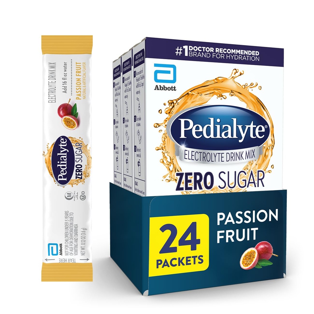 Pedialyte Electrolyte Drink Mix With Zero Sugar | Hydration With Key Electrolytes | Great Hydration Low in Calories | Passion Fruit, 24 Powder Packets