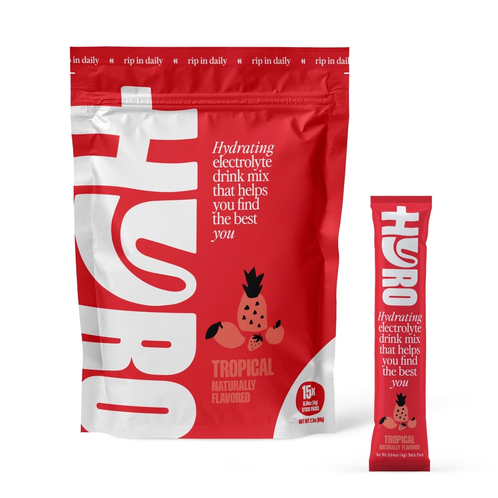 HYRO Electrolyte Powder Drink Mix, Sugar Free Daily Hydration Packets with Magnesium, Potassium & Vitamin C, Hydrating Electrolytes and Minerals, Keto and Vegan, Tropical Flavor, 15 Count