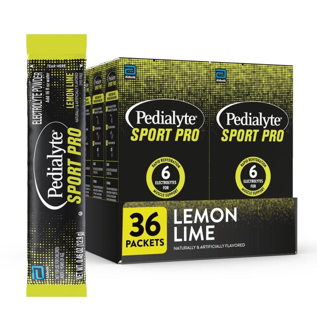 Pedialyte Sport Pro Electrolyte Powder, 6 Key Electrolytes for Muscle Support, Fast Hydration for Before, During, & After Exercise, Lemon Lime, 36 Powder Packets