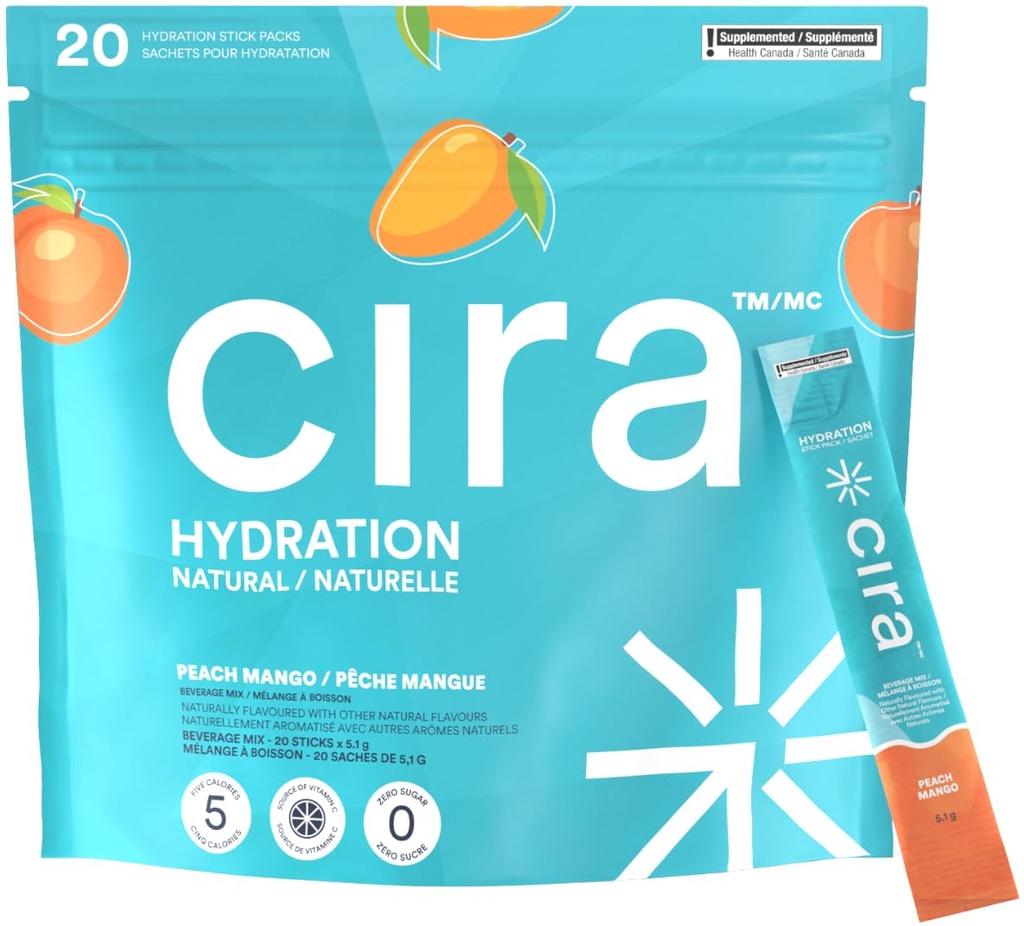 Cira Hydration Stick Packs Electrolyte Powder & Drink Mix for On-The-Go Dehydration Relief & Recovery - Peach Mango, 20 Servings