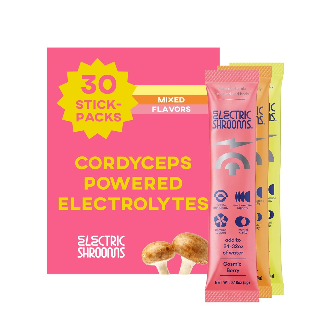 30ct - Cordyceps Mushrooms Hydration Drink Mix - Tropical Berry Citrus - Sugar Free Electrolytes Powder Packet - Electrolyte Sticks with Mushroom Extract - Instant Hydration