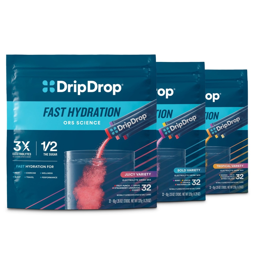 DripDrop Hydration - Electrolyte Powder Packets - Piña Colada, Mango, Açaí, Passion Fruit, Watermelon, Berry, Lemon, Orange, Fruit Punch, Grape, Strawberry Lemonade, Cherry - 96 Count