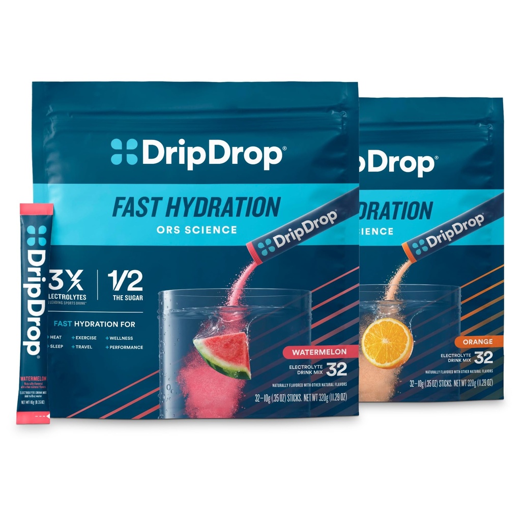 DripDrop Hydration - Electrolyte Powder Packets - Watermelon & Orange Bundle - 64 Count
