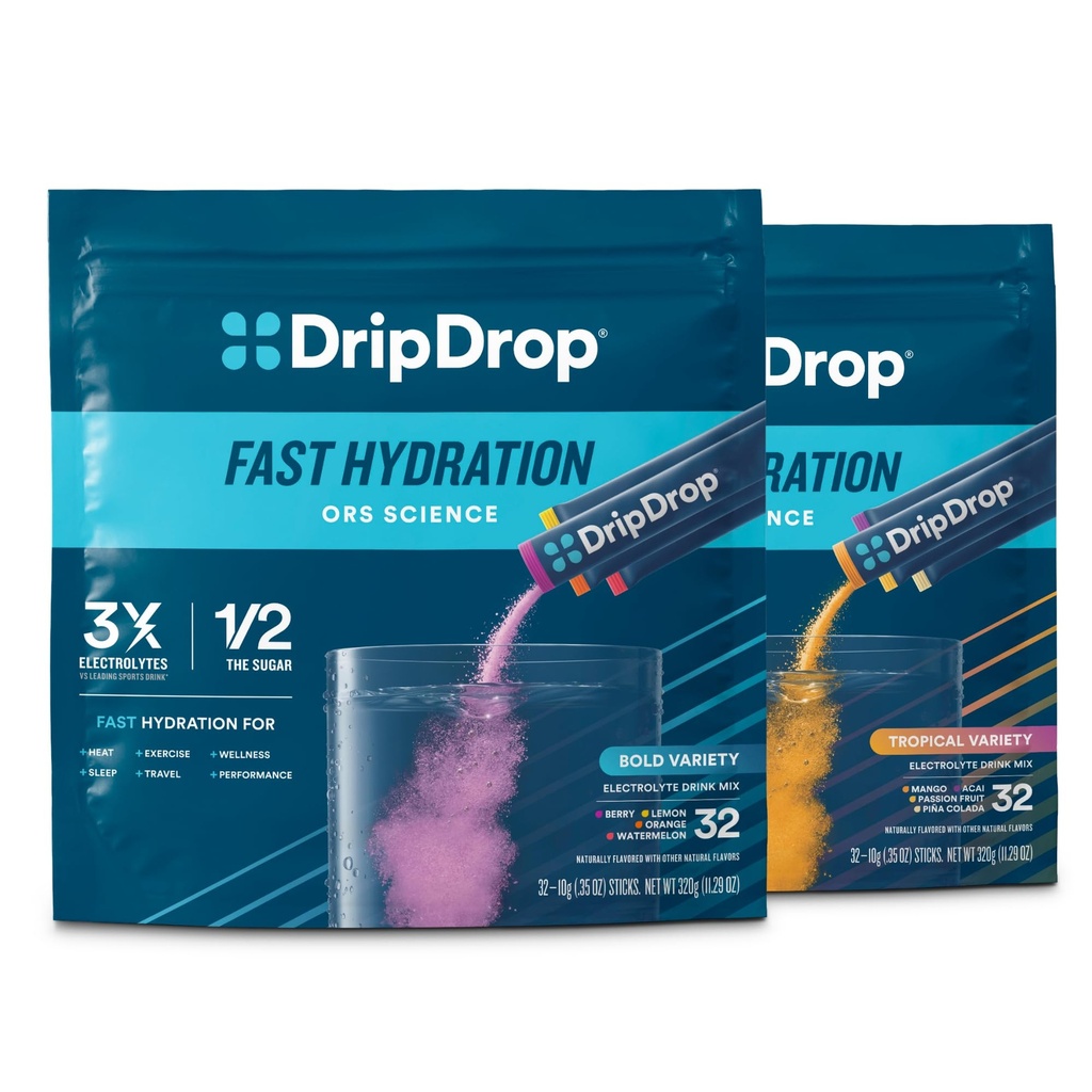 DripDrop Hydration - Electrolyte Powder Packets - Piña Colada, Mango, Açaí, Passion Fruit, Watermelon, Berry, Lemon, Orange - 64 Count