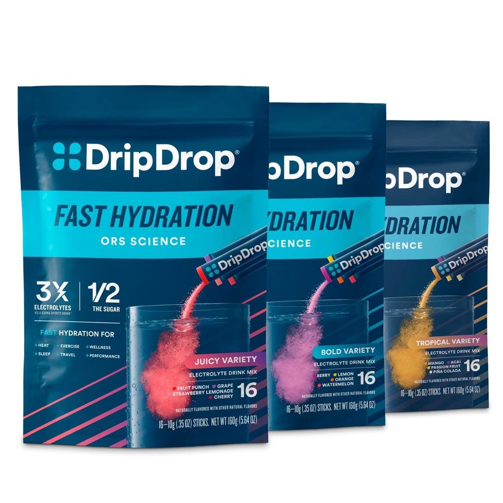 DripDrop Hydration - Electrolyte Powder Packets - Piña Colada, Mango, Açaí, Passion Fruit, Watermelon, Berry, Lemon, Orange, Fruit Punch, Grape, Strawberry Lemonade, Cherry - 48 Count
