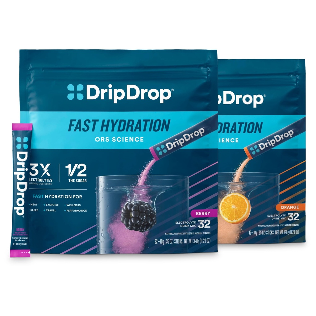 DripDrop Hydration - Electrolyte Powder Packets - Berry & Orange Bundle - 64 Count