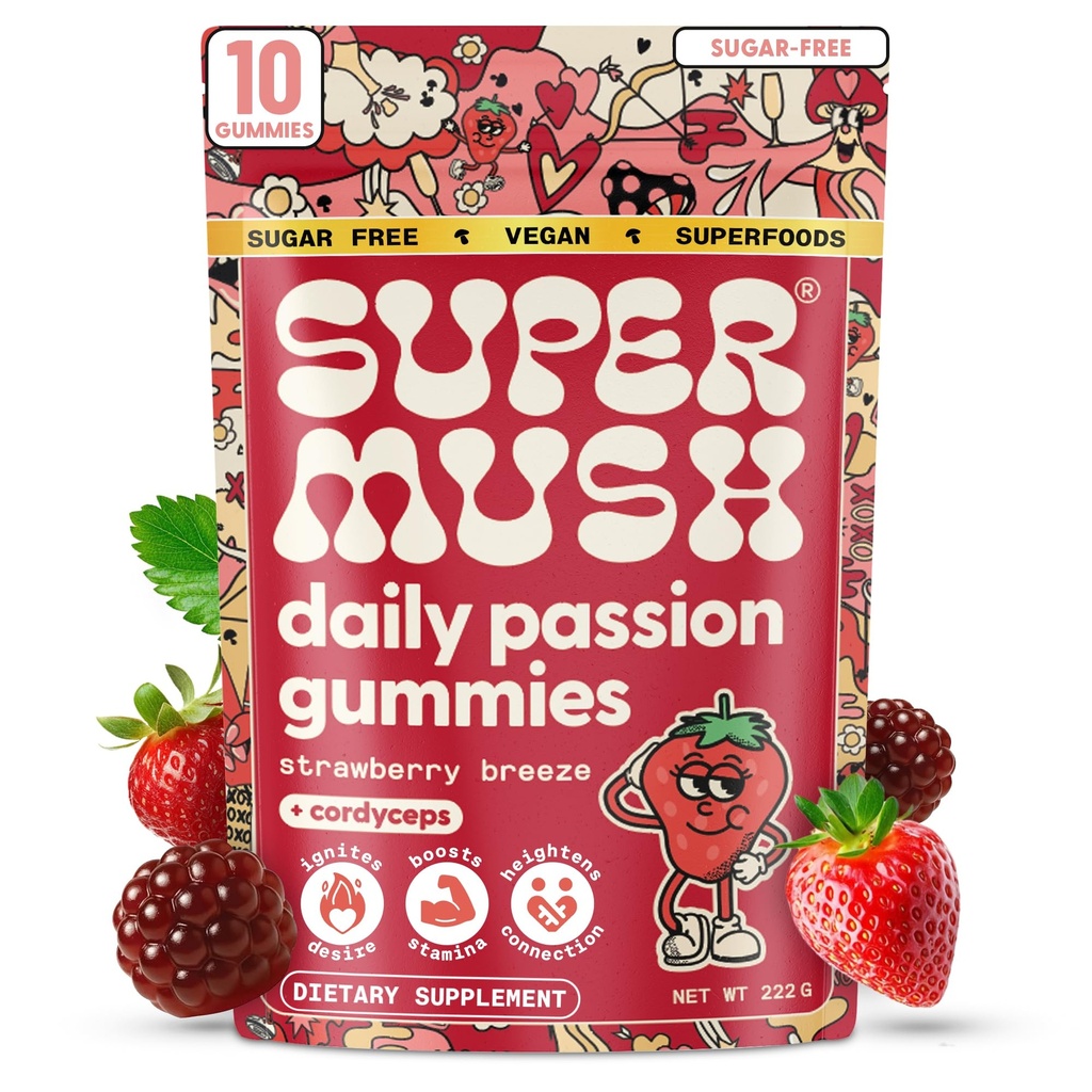 SuperMush Daily Passion Horny Goat Weed Gummies for Men & Women - Intimacy Gummies with Cordyceps, Reishi & Maca Root - Ignite Feel-Good Vibes & Lasting Energy Supplement, Made in the USA (10 Count)