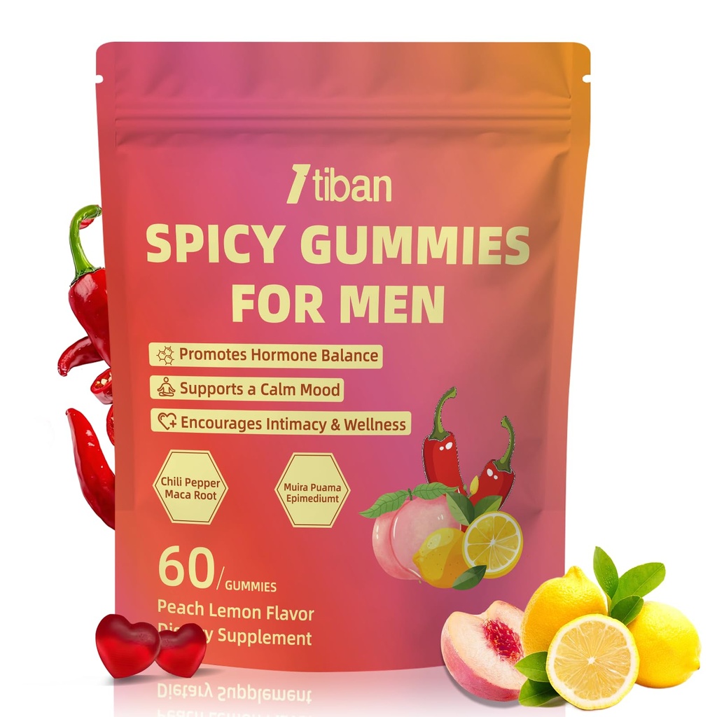 Spicy Gummies Cubes for Couples, Adults Hot Peach Gummy with Chili Pepper, Muira Puama, Maca Root and Epimedium, Plant-Based Daily Wellness Support, Vegan, Non-GMO – 60 Gummies