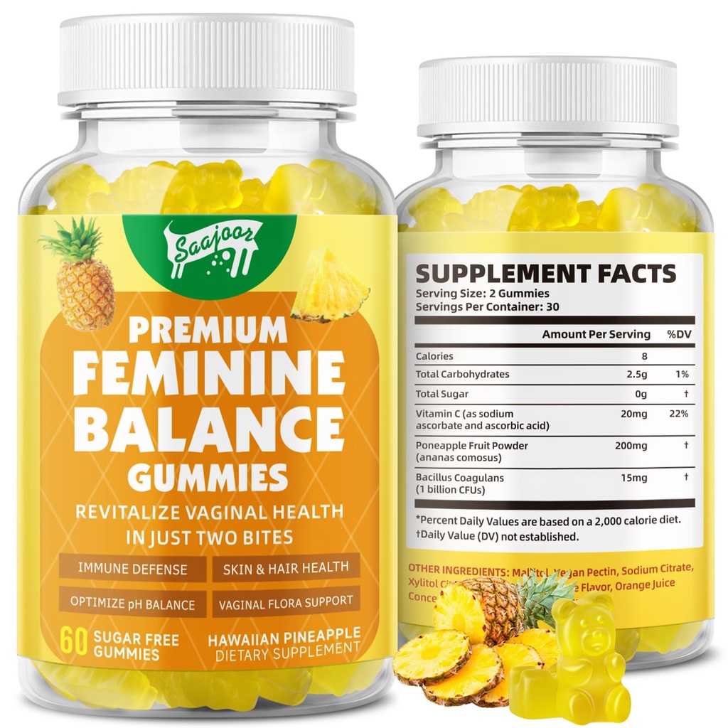 Premium Feminine Balance Gummies for Women's Immune Health, Hawaiian Pineapple Gummies Support pH Balance & Immune Support, Vegan, Gluten-Free, 60 Gummies ﻿