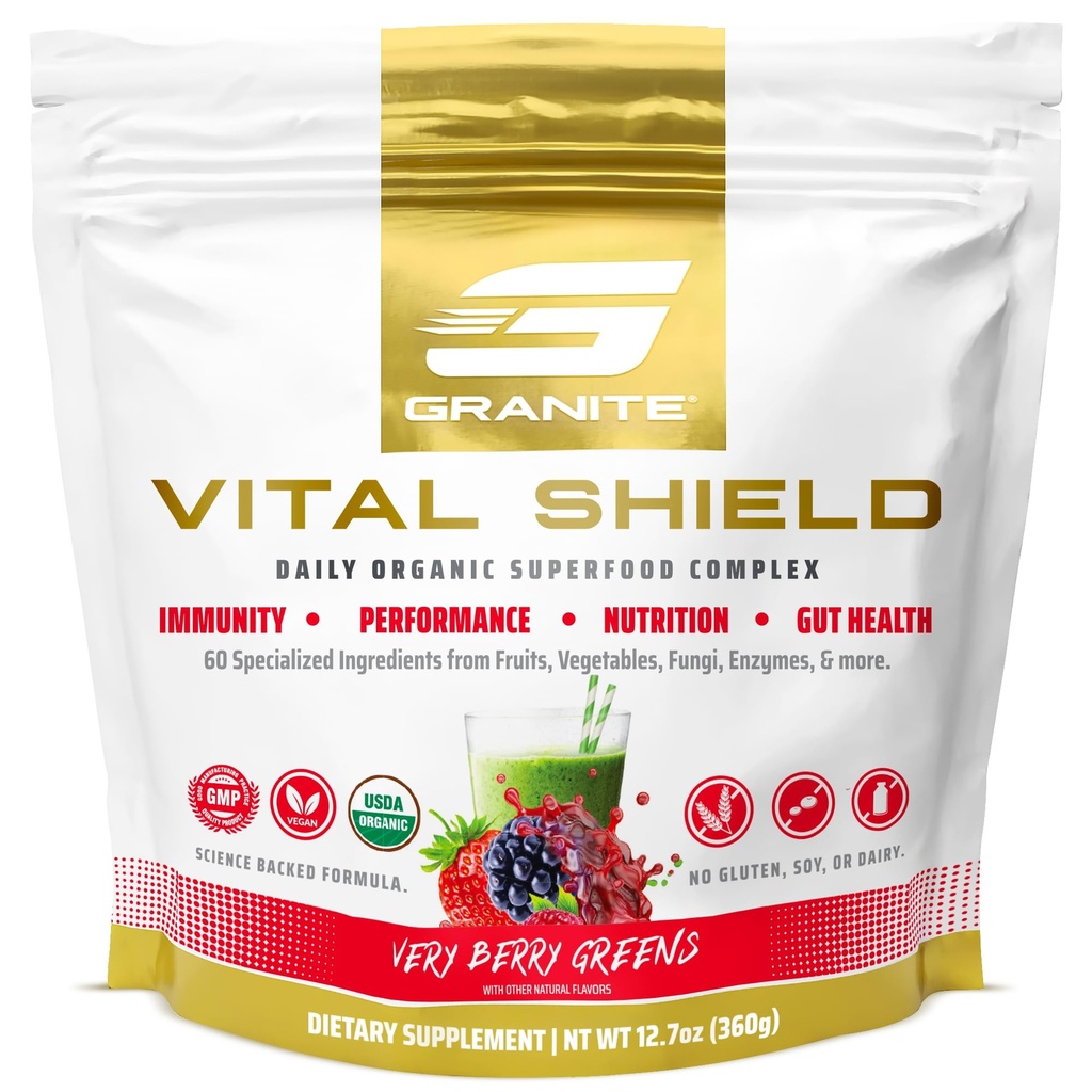 Granite Nutrition Vital Shield - USDA Organic Superfood Greens with Mushrooms & Tart Cherry for Energy, Immunity & Gut Health - Very Berry (30 Servings)