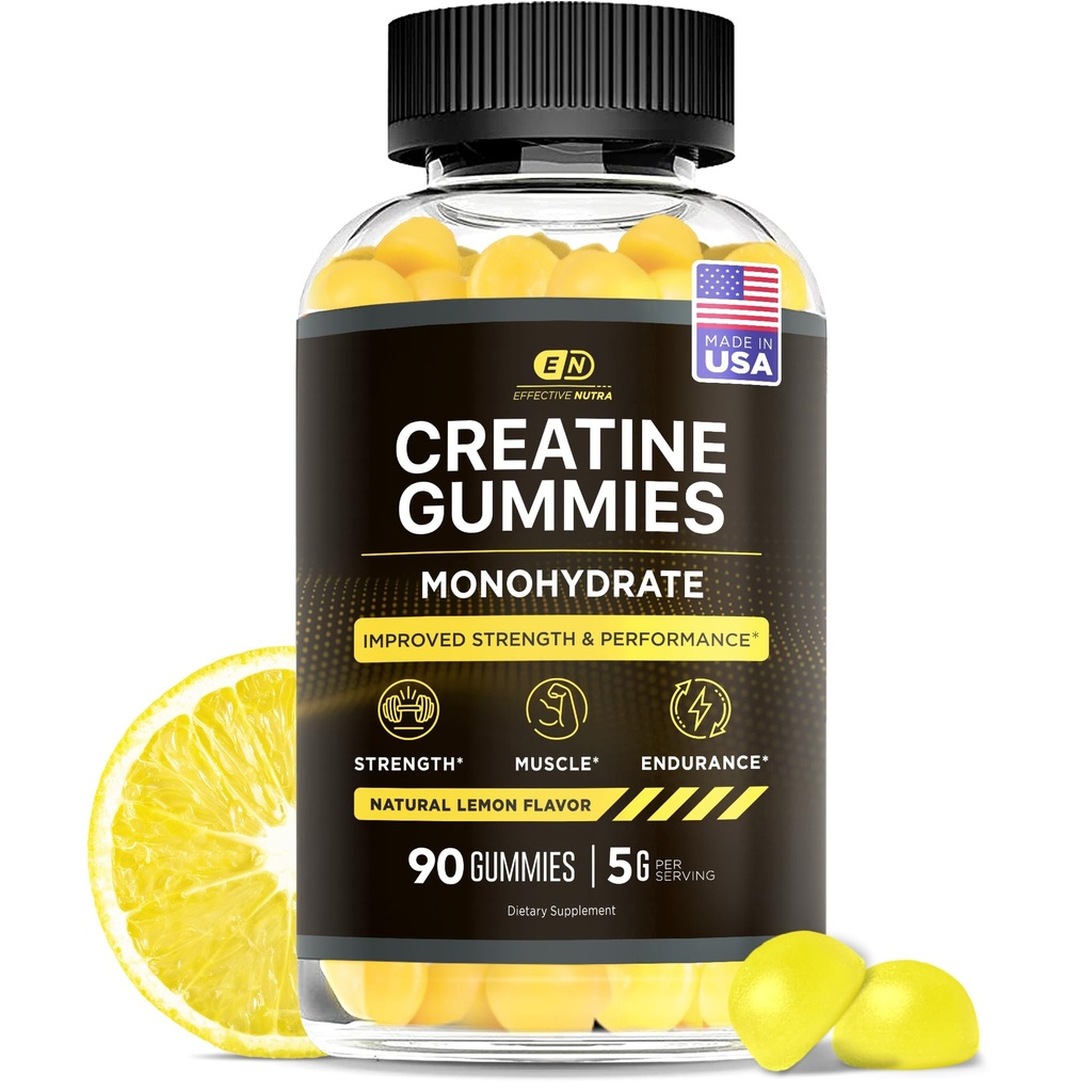 Effective Nutra Creatine Monohydrate Gummies - 1g Creatine per Gummy - Vegan Muscle & Strength Supplement for Men & Women - Supports Muscle Growth, Energy, Endurance - Lemon Flavor, Made in USA (90ct)