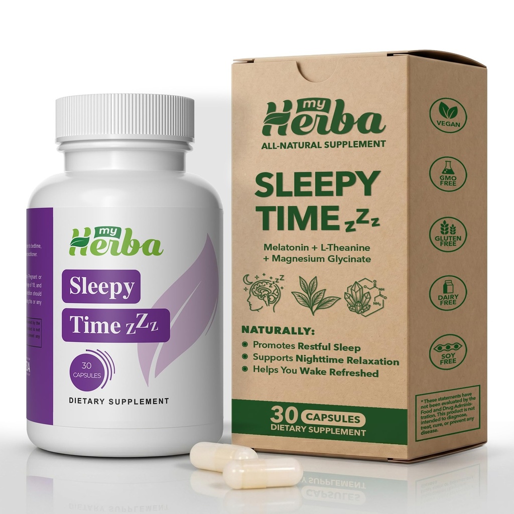 My Herba Sleepy Time ZzZ Supplement - Vegan Formula with Melatonin, Magnesium Glycinate and L-Theanine, Fast Acting Natural Sleep Aid for Adults, Nighttime Relaxation and Calm Support, 30 Capsules