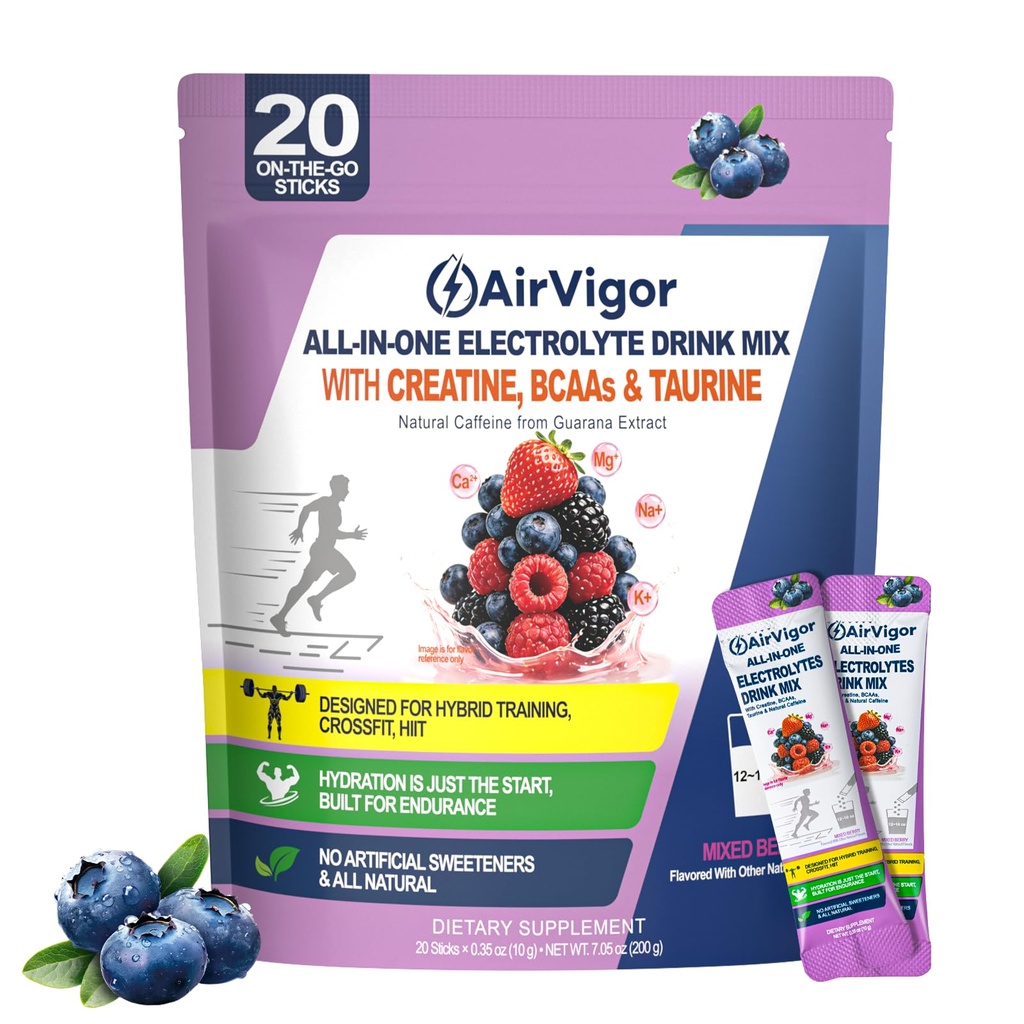 Electrolyte Drink Mix Packets for Hydration & Performance, AirVigor Sugar Free Daily Hydration with Creatine & Amino Support, Low Calorie Electrolyte Powder for Workout, Training & Recovery, 20 Sticks