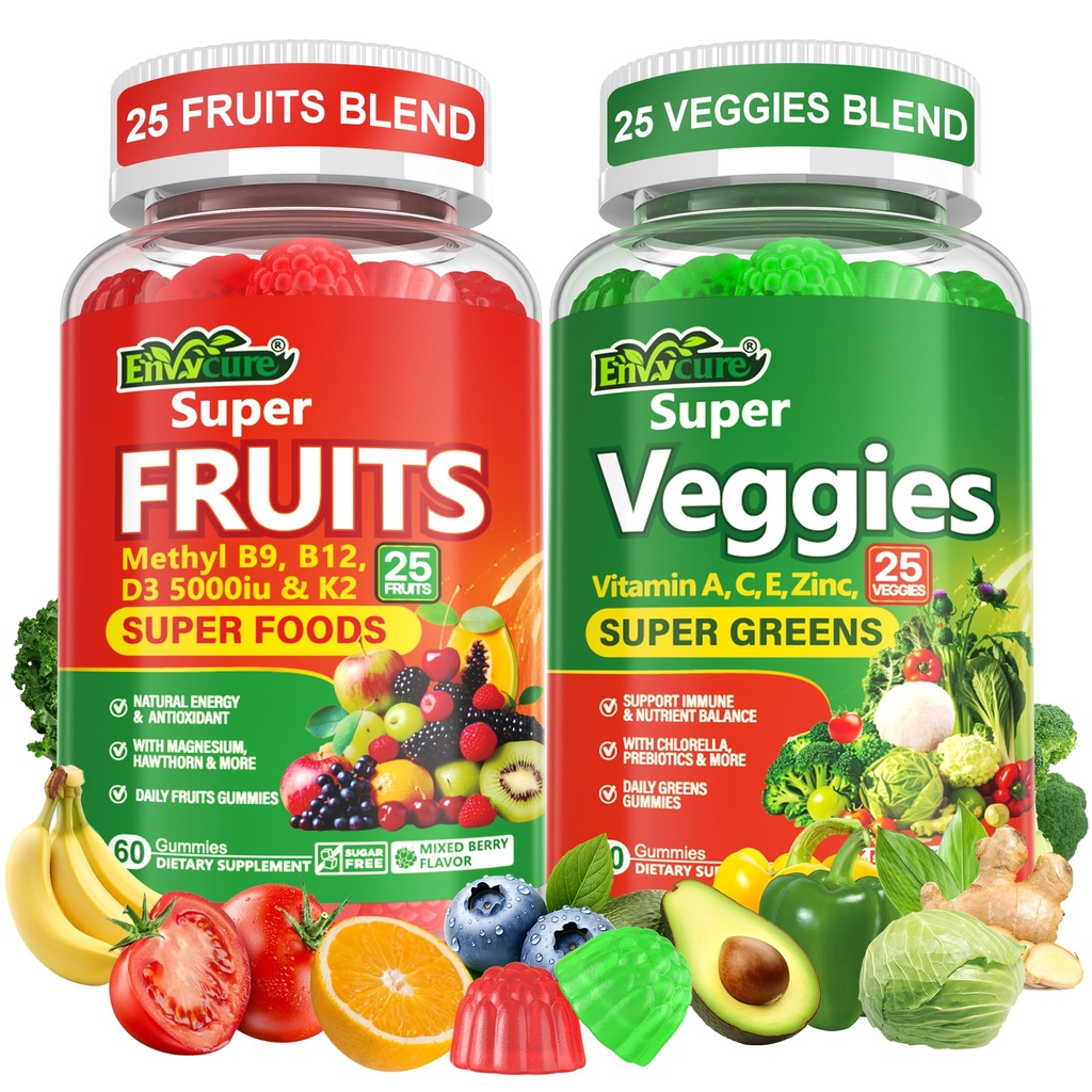 Super Greens Gummies, Daily Green Superfood Supplement w/Spirulina, Chlorella, Mushrooms, Probiotics, Multivitamins, 50+ Super Greens & Veggies Gummies to Boost Immunity, Energy & Gut Health, 120cts