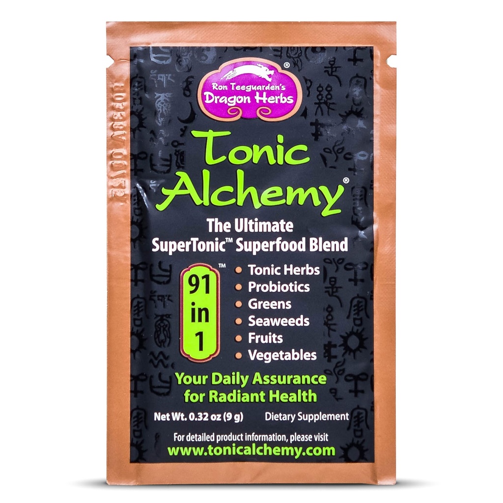 Dragon Herbs Tonic Alchemy Superfood Greens Powder - Single Serve Packet - 91 Ingredients: Tonic Herbs, Ashwagandha, Mushrooms, Prebiotics, Probiotics, Super Greens, Seaweeds, Fruits, Spirulina