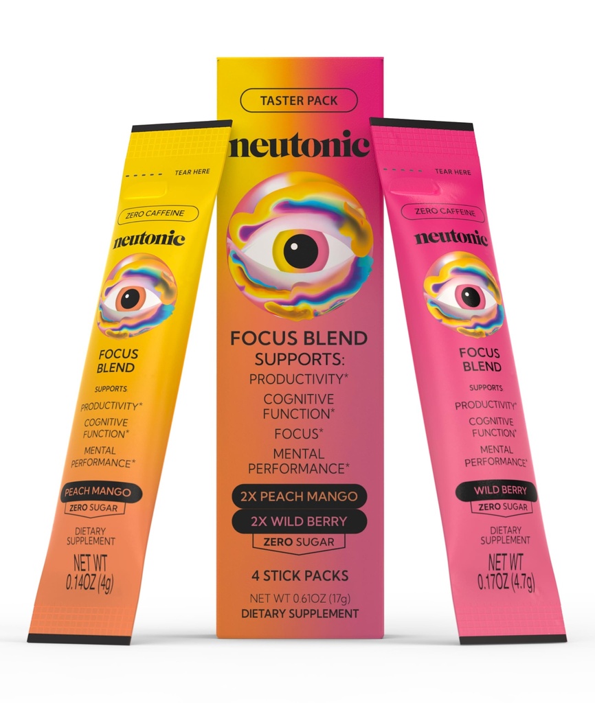Neutonic Nootropic Focus Blend Powder | Peach Mango & Wild Berry 4 Sticks | Caffeine Free, Zero Sugar | Support Memory, Mental Clarity, Cognitive Function | Boost Focus, Energy, Brain Health