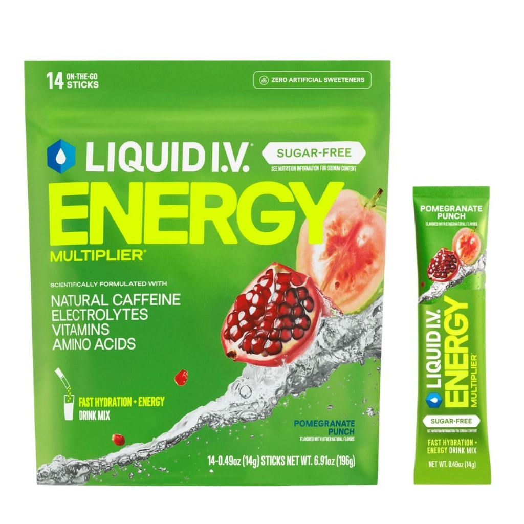Liquid I.V.® Hydration Multiplier Sugar Free + Energy - Pomegranate Punch | Electrolyte Powder Drink Mix | 1 Pack (14 Servings)