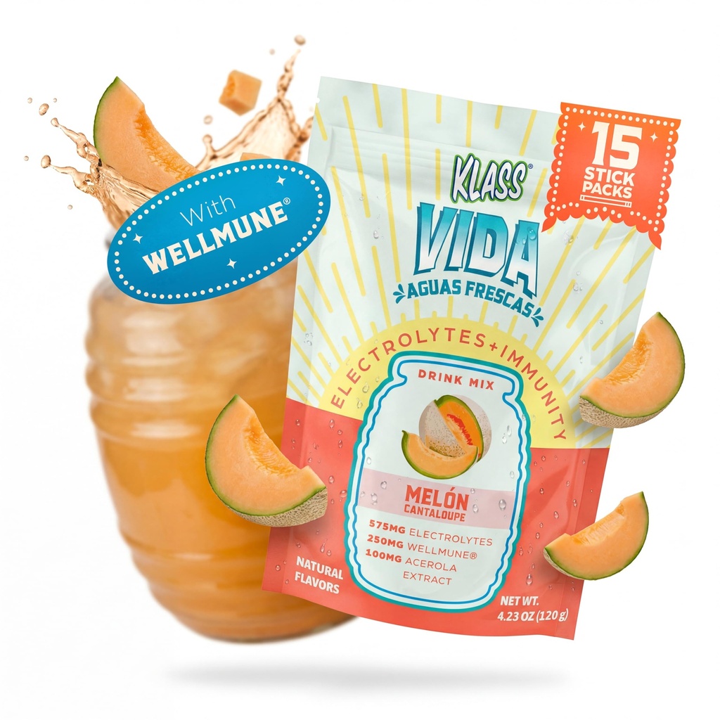 KLASS VIDA Hydration + Immunity Cantaloupe Agua Fresca Electrolyte Powder Packets | Sugar Free Electrolyte Drink Mix | Hydration Packets with Wellmune®, Acerola & Coconut Water | 15 Stick Packs