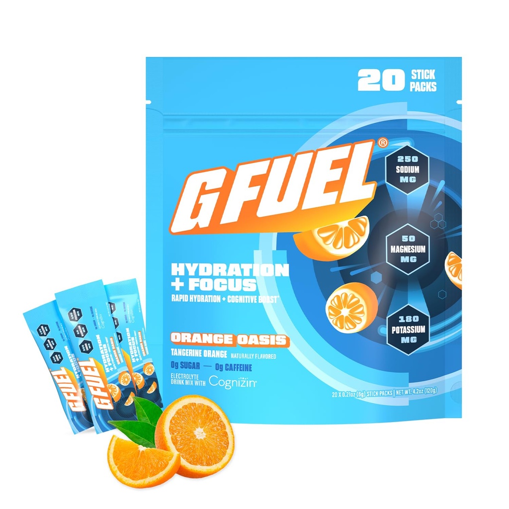 G Fuel Electrolytes Powder for Instant Hydration and Focus | Sugar Free, Orange Oasis Flavor, Electrolyte and Nootropic Drink Mix to Sharpen Mental Focus, 20 Servings