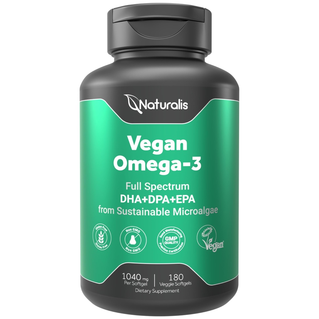 Naturalis Double Strength Vegan Omega 3 DHA, EPA & DPA from Microalgae | Vegan Society Certified, Sustainably Sourced, True Full Spectrum | 180 Veggie Softgels (Carrageenan Free)
