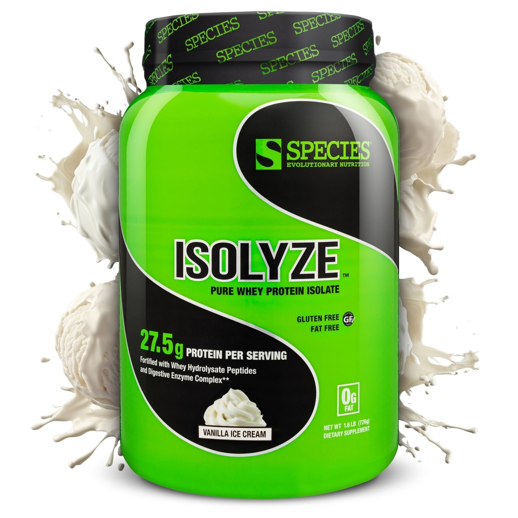 Species Nutrition Isolyze Whey Protein Powder, 100% Whey Isolate for Muscle Building, 27.5g Protein Per Scoop, No Sugar & Low Fat (Vanilla Ice Cream, 22 Servings)