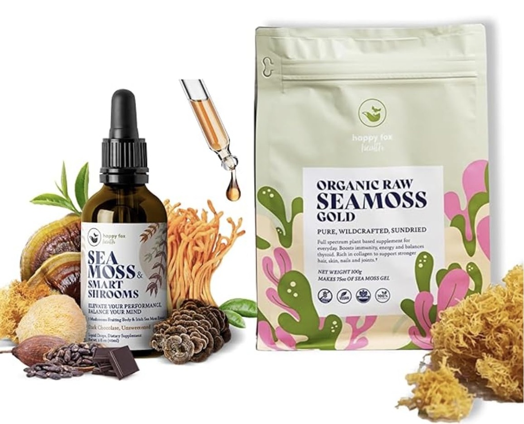 Brain & Body Raw Bundle - Organic Sea Moss for Seamoss Gel & Smart Shrooms Liquid Drops in Chocolate Flavor - Irish Sea Moss & Mushroom Complex, Nootropic Brain Supplements for Memory & Focus