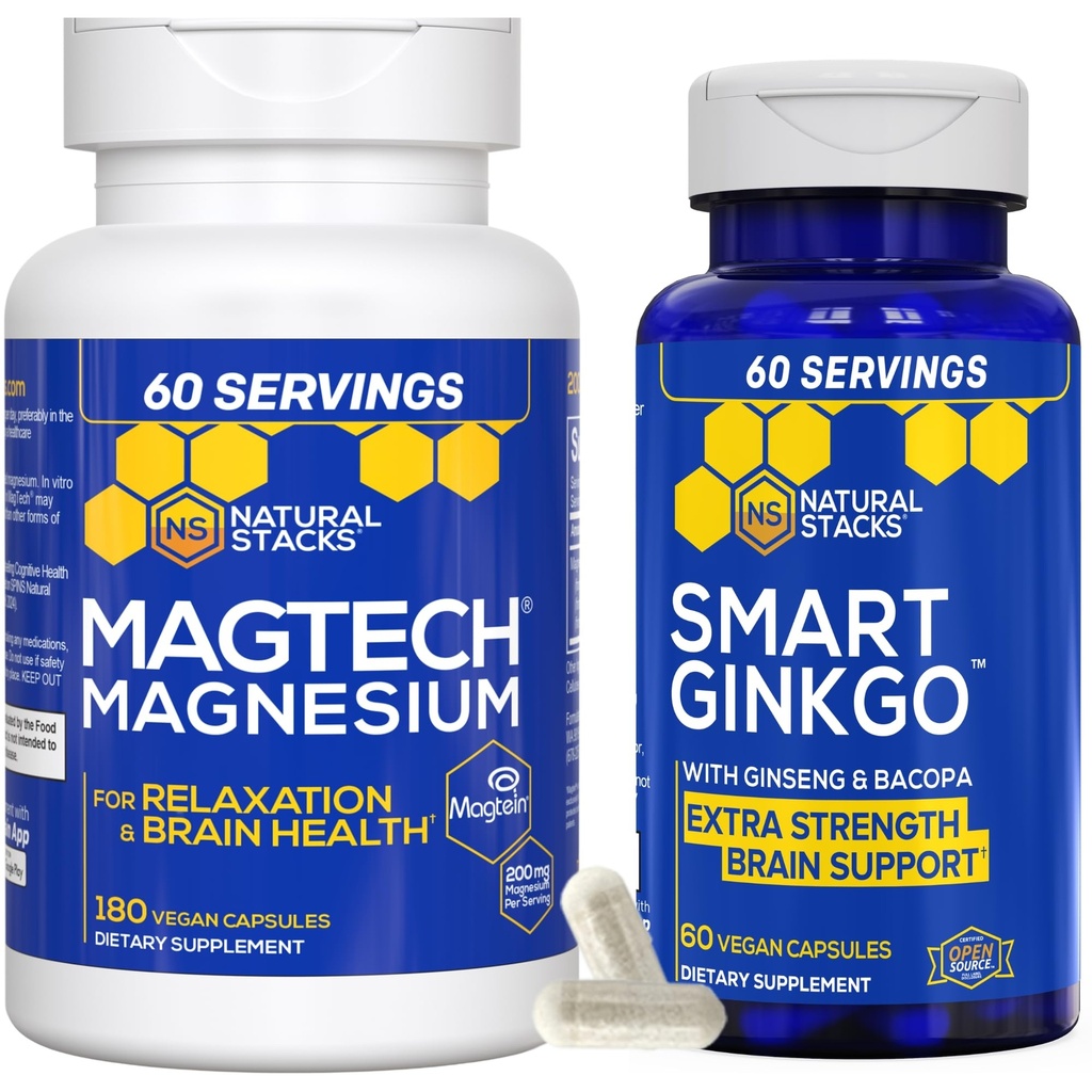 NATURAL STACKS Magtech Magnesium + Ginkgo Biloba Supplement Bundle - Supports Brain Health & Relaxation* - 240 Total Capsules