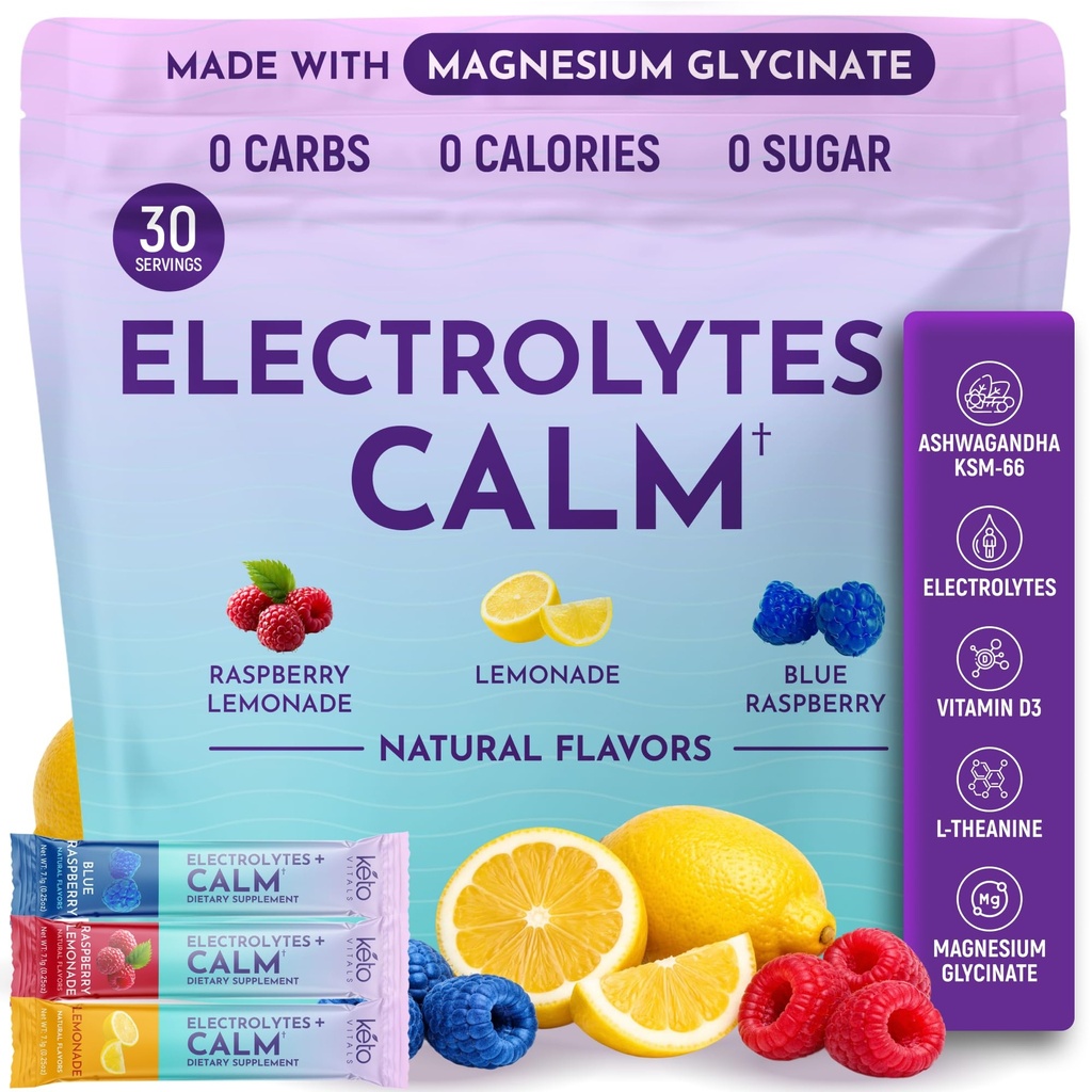 Keto Vitals Calm Magnesium Powder Packets Plus Electrolytes - Calming Drink Mix for Sleep - Natural Magnesium Glycinate Supplement with Ashwagandha KSM 66, L Theanine & Vitamin D - 30 Servings
