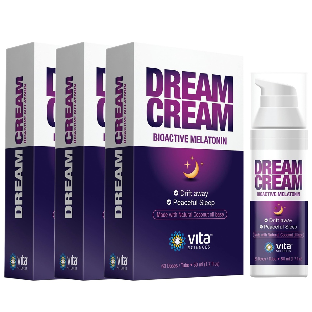 Vita Sciences Dream Cream Melatonin 3mg - The Best Natural Sleep, Topical Sleep Cream and Fragrance-Free Lotion - Pack of 3