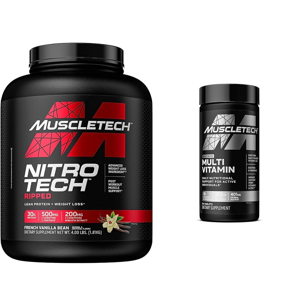 MuscleTech Nitro-Tech Ripped | Lean Whey Protein Powder/Isolate & Platinum Multivitamin for Immune Support 18 Vitamins & Minerals Vitamins A C D E B6 B12 Daily Workout Supplements for Men 90 Ct
